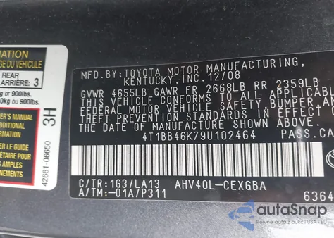2009 Toyota Camry Hybrid from USA, damaged, VIN 4T1BB46K79U102464